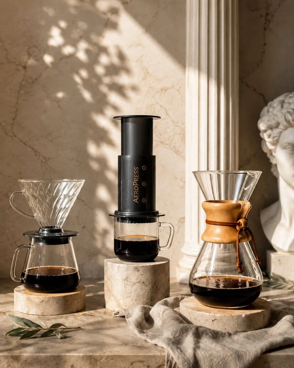 V60, AeroPress y Chemex con café recién filtrado junto a una columna de piedra