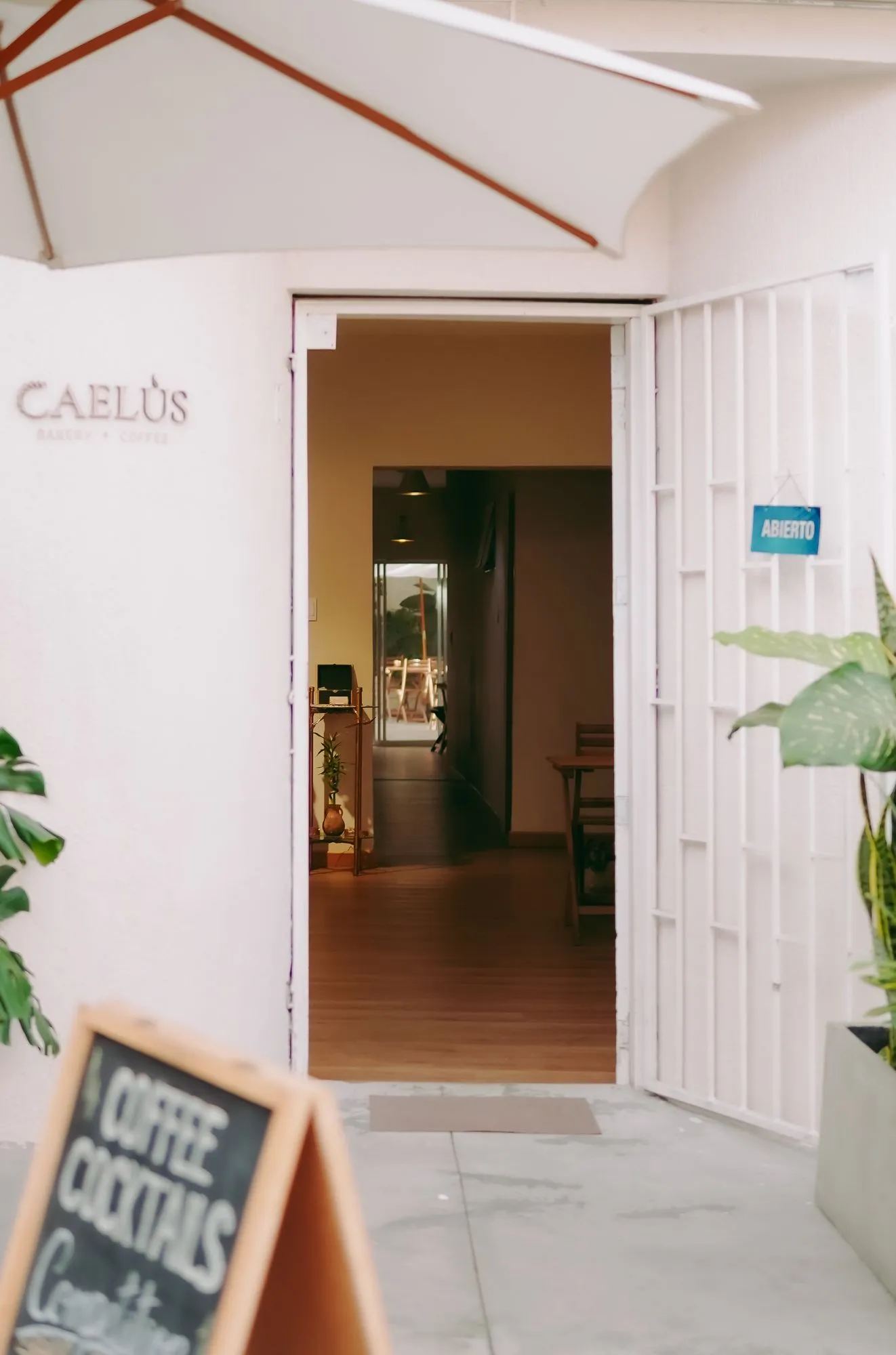 Entrada de CAELUS con el logo sobre la puerta abierta