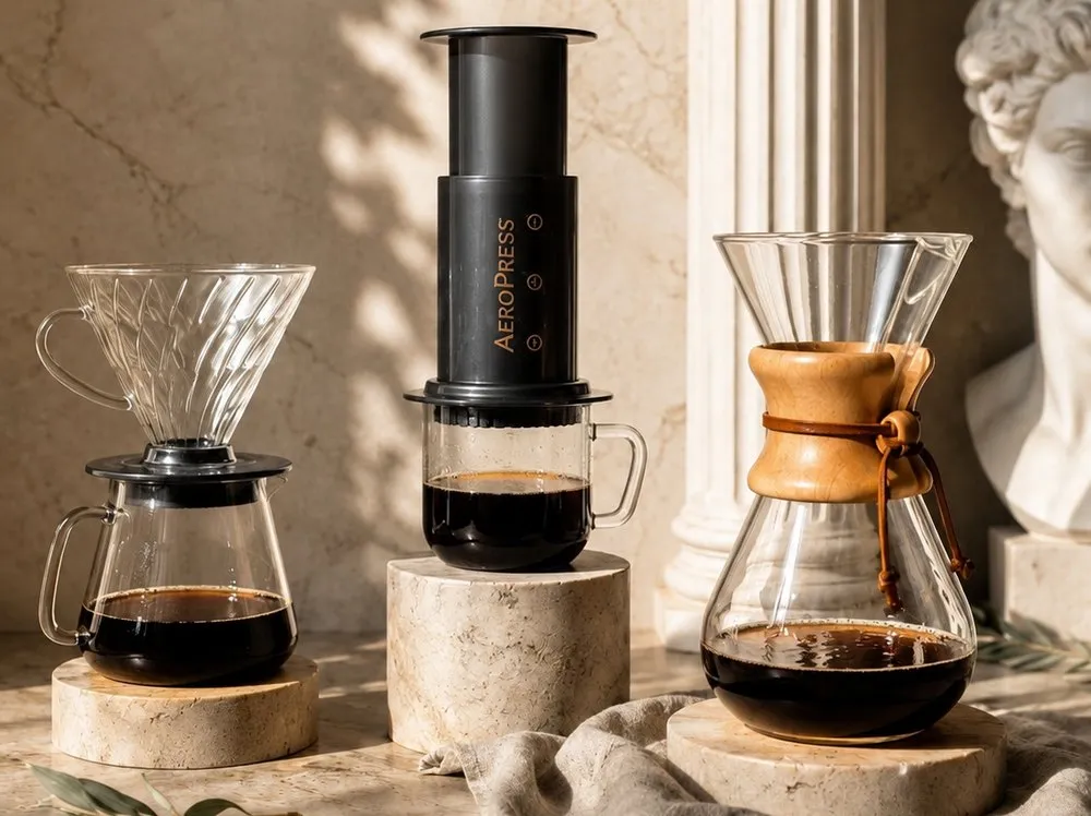 V60, AeroPress y Chemex con café recién filtrado, sobre bases de piedra