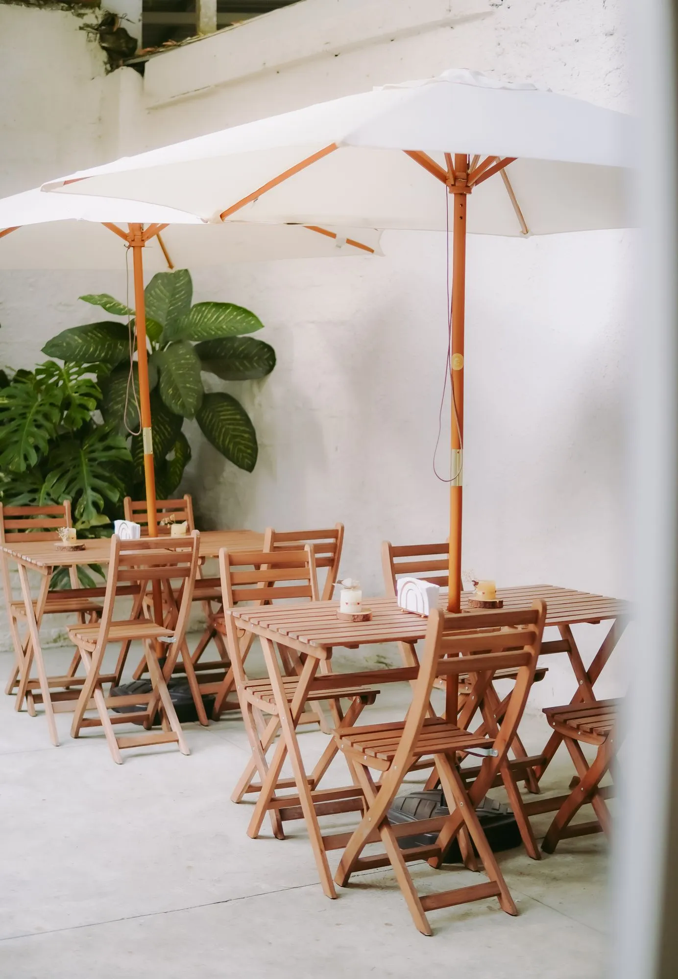Sombrilla abierta sobre varias mesas de madera, con plantas contra el muro blanco, en el patio externo de CAELUS