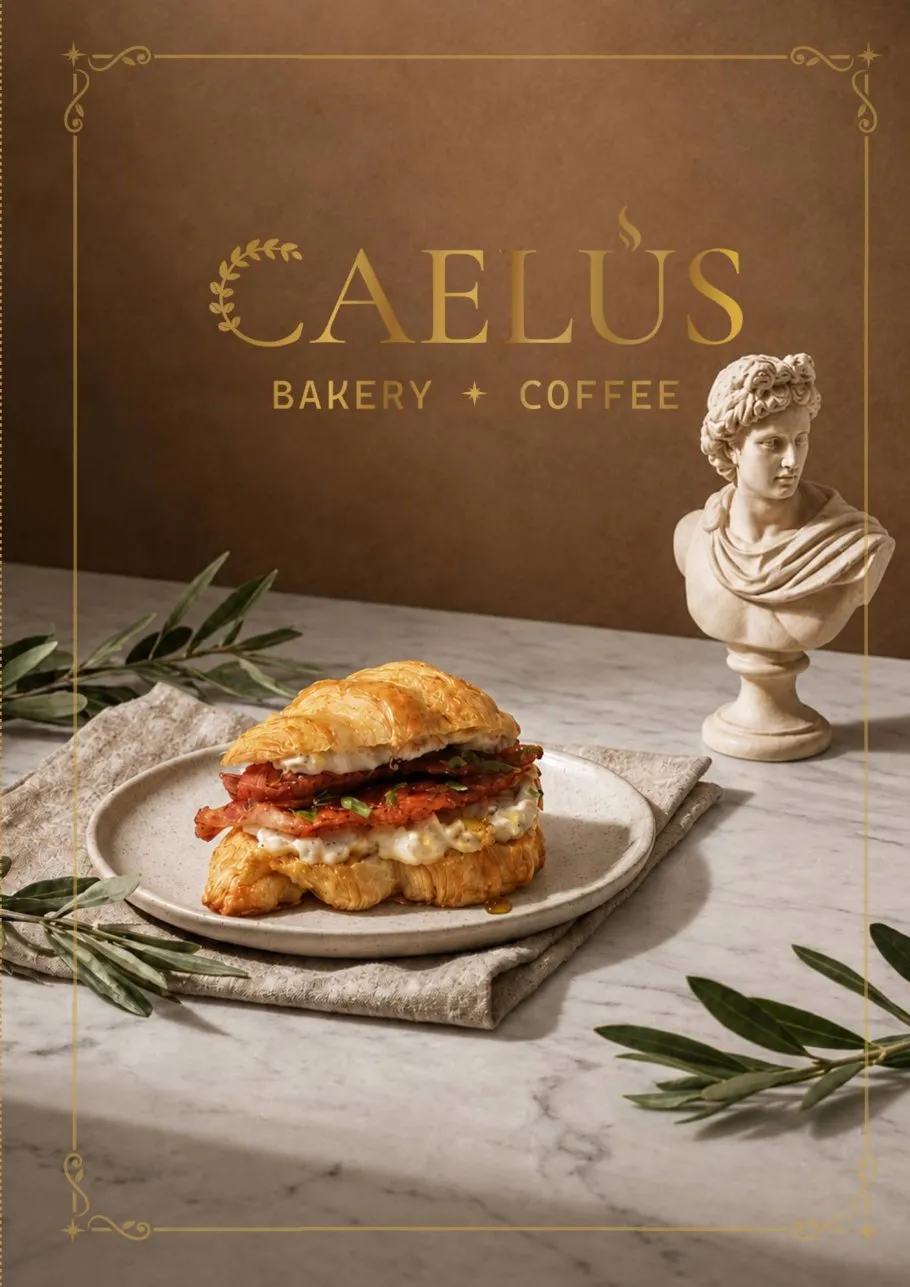 Portada de la carta de CAELUS: un croissant de tocineta junto a un busto de mármol
