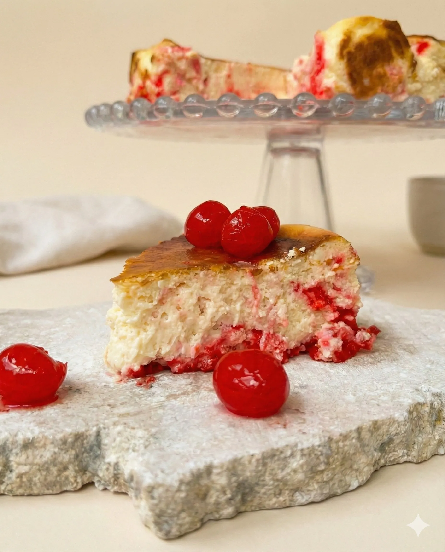 Porción de tarta vasca de cereza