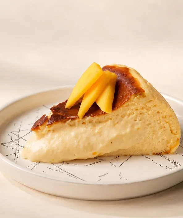 Porción de tarta vasca de maracumango con láminas de mango encima, servida en plato de cerámica