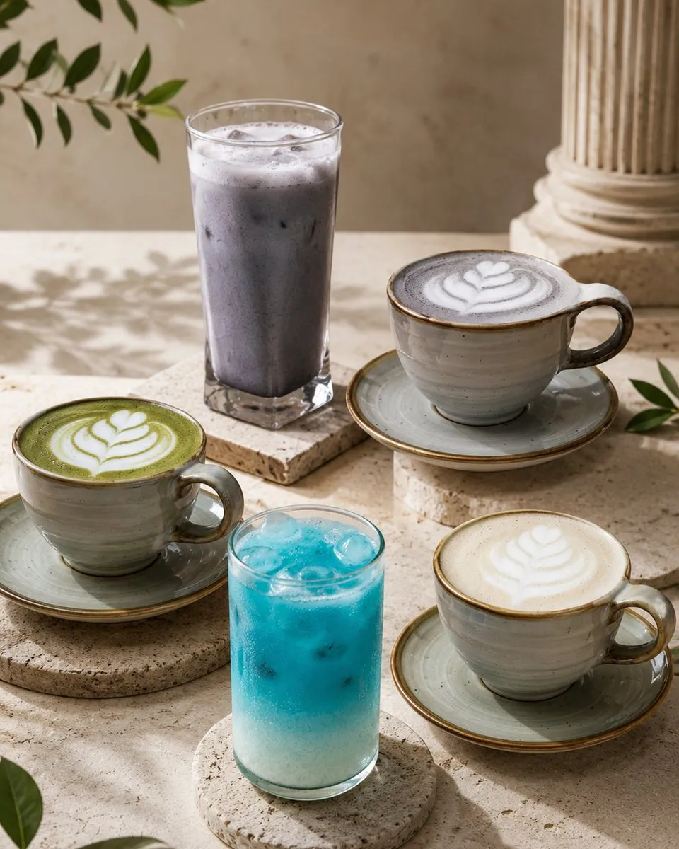 Té matcha, black chai y capuchino servidos sobre piedra